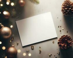 Blank white paper on white background with christmas ornaments around it.  AI Generative photo