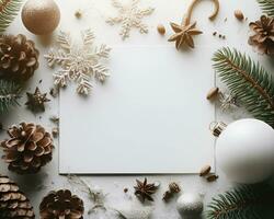 Blank white paper on white background with christmas ornaments around it.  AI Generative photo