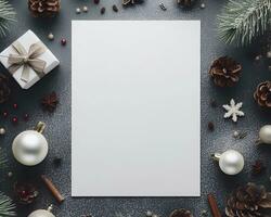 blanco blanco papel en gris antecedentes con Navidad adornos alrededor él. ai generativo foto