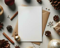 Blank white paper on white background with christmas ornaments around it.  AI Generative photo