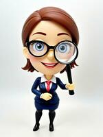 A 3D Toy Cartoon Businesswoman Holding Big Magnifying Glass On A White Background. AI Generated photo
