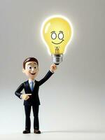 A 3D Toy Cartoon Businessman Pointing At Big Light Bulb On A White Background. AI Generated photo