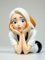 A 3D Toy Exhausted Cartoon Woman Leaning On Her Desk On A White Background. AI Generated photo