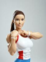 A 3D Toy Sporty Woman Flexing Arm Muscles On A White Background. AI Generated photo