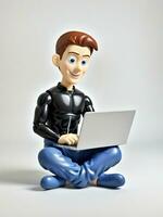 A 3D Toy Cartoon Man Working On Laptop On A White Background. AI Generated photo