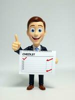 A 3D Toy Cartoon Businessman Pointing To Checklist On A White Background. AI Generated photo