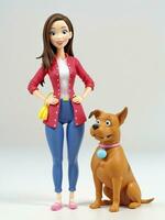 A 3D Toy Cartoon Woman Standing With Her Dog On A White Background. AI Generated photo