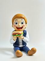 un 3d juguete dibujos animados hombre comiendo emparedado sentado en piso en un blanco antecedentes. ai generado foto