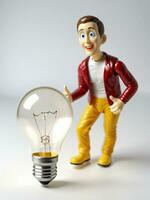 A 3D Toy Character Man Looking At Light Bulb On A White Background. AI Generated photo