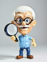 A 3D Toy Senior Man Looking Through Magnifying Glass On A White Background. AI Generated photo