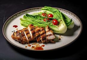 Chicken grill meat served with pak choi vegetables on a plate. Generative AI photo