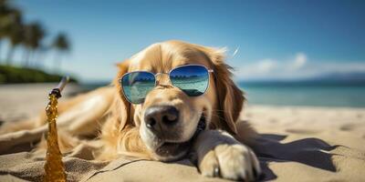 Golden Retriever dog is on summer vacation at seaside resort and relaxing rest on summer beach of Hawaii. AI Generative photo