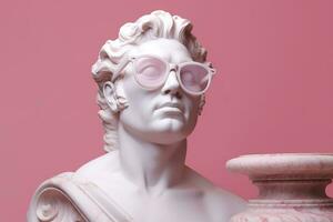 The head of a white mythological statue with fashionable pink glasses on his eyes, frame in profile. AI Generative photo