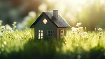 Copy space of home. Small model home on green grass with sunlight. AI Generative photo