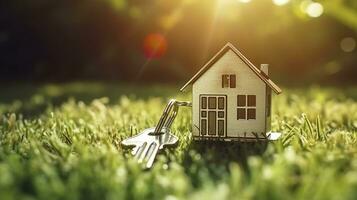 Copy space of home. Small model home on green grass with sunlight. AI Generative photo