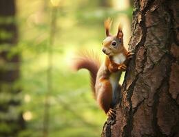 Beautiful squirrel on a tree in a forest park in the summer. Generative AI photo