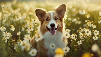 Charming corgi dog with flowers in the spring. Generative AI photo