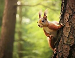 Beautiful squirrel on a tree in a forest park in the summer. Generative AI photo