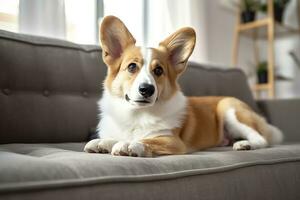 Beautiful, smart, calm purebred corgi dog lying on on sofa in living room. Generative AI photo