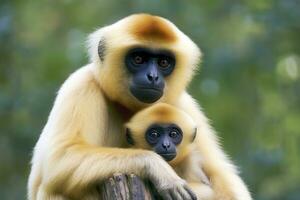 Close image of Cheeked Gibbon monkey mother with a child in the forest. Generative AI photo