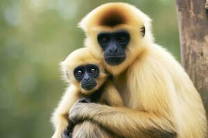 Close image of Cheeked Gibbon monkey mother with a child in the forest. Generative AI photo