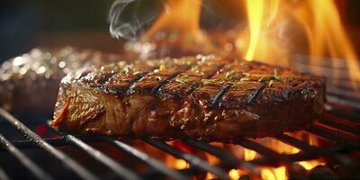 Beef ribeye steak grilling on a flaming grill. Generative AI photo