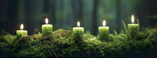 Burning candles on moss, dark green blurred the natural background. Magic candle. Generative AI photo