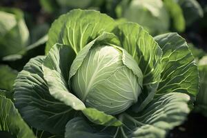 Cabbage growing in an urban garden. Cabbage leaves and head close up. Generative AI photo