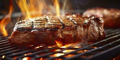 Beef ribeye steak grilling on a flaming grill. Generative AI photo