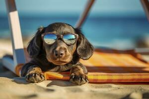 Dog Puppy wearing sunglasses, lying on a sunbed to sunbath at the beach sea on summer vacation, holidays. Funny concept. AI Generative photo