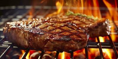 Beef ribeye steak grilling on a flaming grill. Generative AI photo