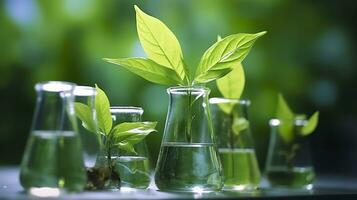 Biotechnology concept with green plant leaves, laboratory glassware, and conducting research, illustrating the powerful combination of nature and science in medical advancements.  AI Generative photo