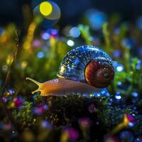 iridiscente caracol en un hada bosque, cerca arriba de un reluciente caparazón. ai generativo foto