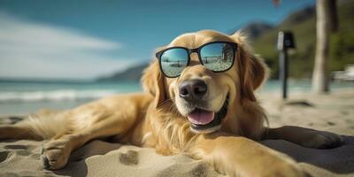 Golden Retriever dog is on summer vacation at seaside resort and relaxing rest on summer beach of Hawaii. AI Generative photo