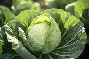 Cabbage growing in an urban garden. Cabbage leaves and head close up. Generative AI photo