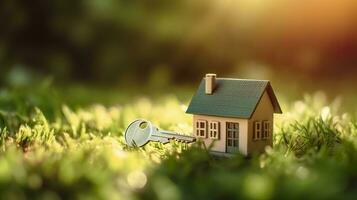 Copy space of home. Small model home on green grass with sunlight. AI Generative photo