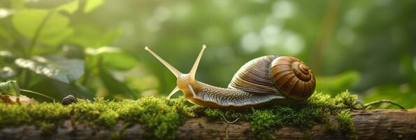 un viaje mediante el bosque. de cerca de un caracol en el bosque con natural antecedentes. ai generativo foto