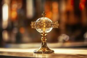 The golden monstrance with a little transparent crystal center, consecrated host. church defocused background. AI Generative photo