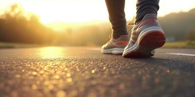 Close up on the shoe, Runner athlete feet running on the road under sunlight in the morning. AI Generative photo