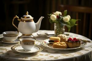 Classical served tea table with biscuits. Generative AI photo