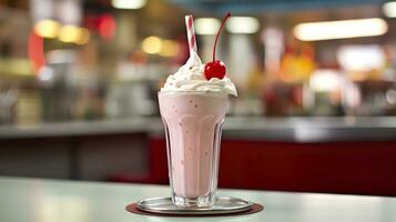 Cherry Milkshake in a Classic American Diner.  food photography concept. Generative AI photo