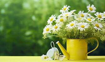 Chamomile flowers bouquet in watering can and butterfly on the table in the garden. Generative AI photo