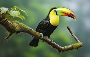 Chesnut mandibled Toucan sitting on the branch in tropical rain with a green jungle. Generative AI photo