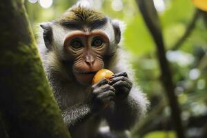 cerca arriba de mono comiendo Fruta en el selva. generativo ai foto