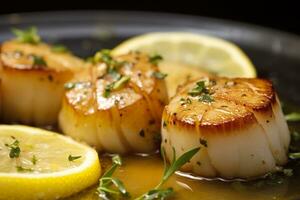 Closeup of pan seared diver scallops with lemon beurre blanc. Generative AI photo