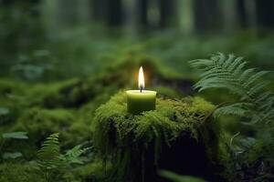 Burning candle on moss, dark green blurred the natural background. Magic candle. Generative AI photo