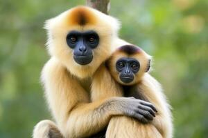 Close image of Cheeked Gibbon monkey mother with a child in the forest. Generative AI photo