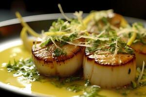 Closeup of pan seared diver scallops with lemon beurre blanc. Generative AI photo