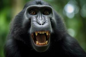 Celebes crested macaque with open mouth. Close up on the green natural background. Generative AI photo