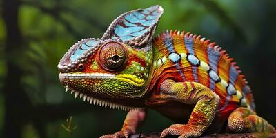 A colorful close up chameleon with a high crest on its head. Generative AI photo